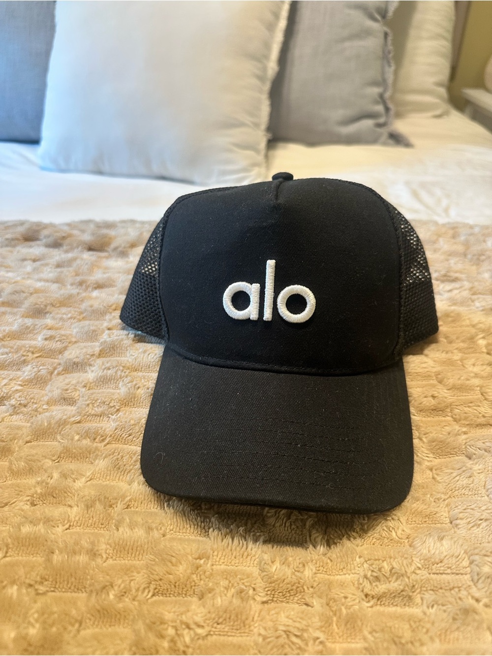 ALO Yoga Black Trucker Hat with White Logo